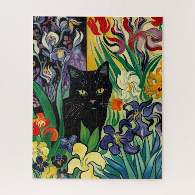 Schwarze Katze mit Schwertlilien (Vertikal)