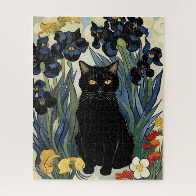 Schwarze Katze mit Schwertlilien (Vertikal)