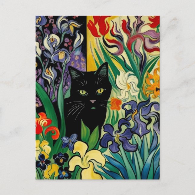 Schwarze Katze mit Schwertlilien Postkarte (Vorderseite)