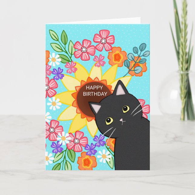 Schwarze Katze mit Sonnenblumen farbenfrohe Blüten Karte (Vorderseite)
