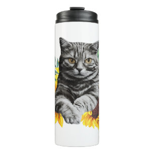 Schwarze Katze mit Sonnenblumen, Geschenke für Kat Thermosbecher