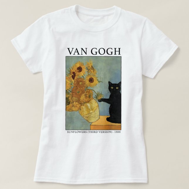 Schwarze Katze mit Sonnenblumen Van Gogh Art T-Shirt (Design vorne)