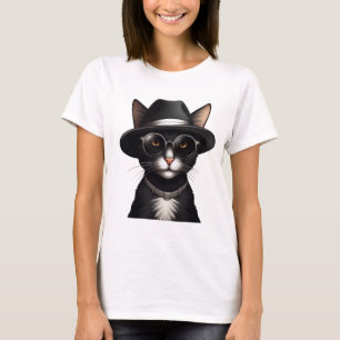 Schwarze Katze mit Sonnenbrille und Hut, lustige K T-Shirt