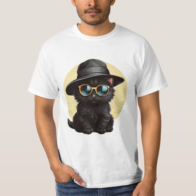 Schwarze Katze mit Sonnenbrille und Hut, lustige K T-Shirt (Vorderseite)