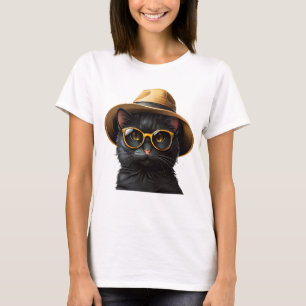 Schwarze Katze mit Sonnenbrille und Hut, lustige K T-Shirt