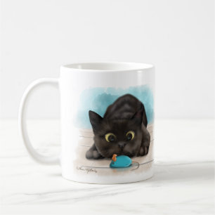 Schwarze Katze mit Spielzeugmaus Cartoon Kaffeetasse