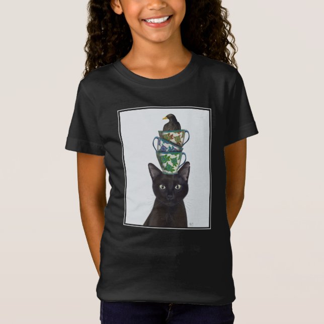 Schwarze Katze mit Teacups und Blackbird T-Shirt (Vorderseite)