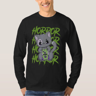Schwarze Katze mit Teddybär für Horrorfans T-Shirt