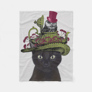 Schwarze Katze mit Teekanne und Eule Fleecedecke