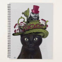 Schwarze Katze mit Teekanne und Eule