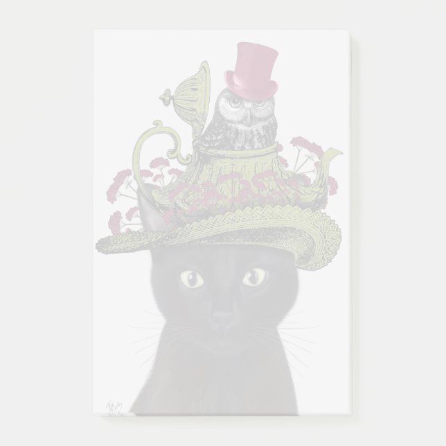 Schwarze Katze mit Teekanne und Eule Post-it Klebezettel (Vorderseite)