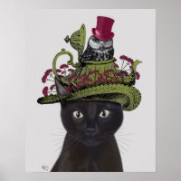 Schwarze Katze mit Teekanne und Eule