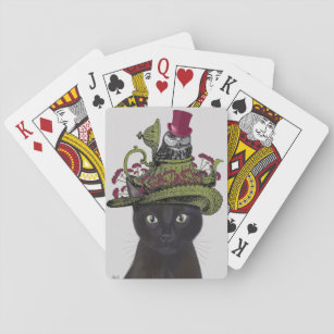 Schwarze Katze mit Teekanne und Eule Spielkarten