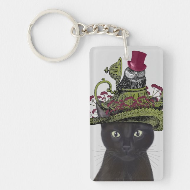 Schwarze Katze mit Teekanne und Schale Schlüsselanhänger (Vorderseite)