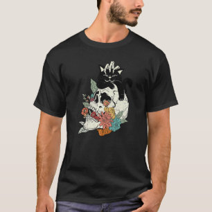 Schwarze Katze mit Totenkopf-Blumen-Kätzchen Katze T-Shirt