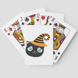 Schwarze Katze mit traurigen Augen und weißem Hut Spielkarten