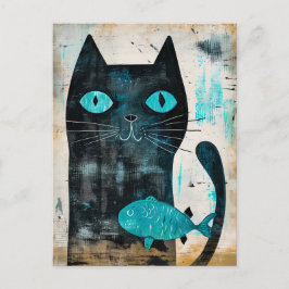 Schwarze Katze mit türkisfarbenen Augen und Fische Postkarte