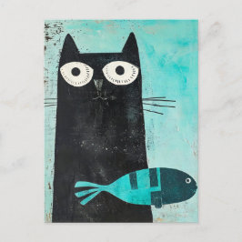 Schwarze Katze mit Türkisfisch Postkarte