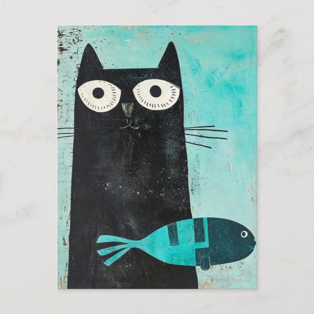 Schwarze Katze mit Türkisfisch Postkarte (Vorderseite)