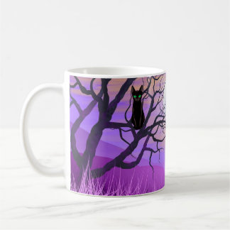 Schwarze Katze mit Vollmond und Lila Nachthimmel Kaffeetasse