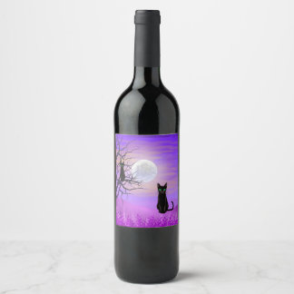 Schwarze Katze mit Vollmond und Lila Nachthimmel Weinetikett