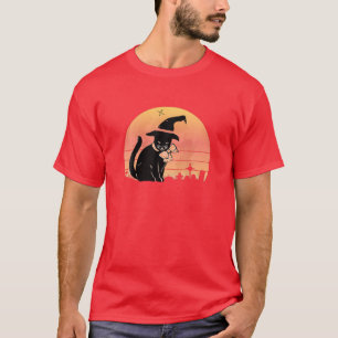 Schwarze Katze mit Vollmond Vintages Halloween-Cos T-Shirt