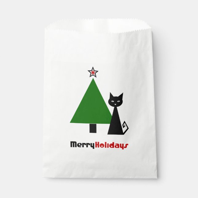Schwarze Katze mit Weihnachtsbaum Geschenktütchen (Vorderseite)