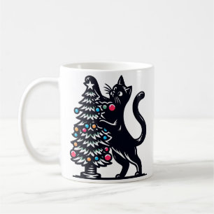 Schwarze Katze mit Weihnachtsbaumlichtern Kaffeetasse