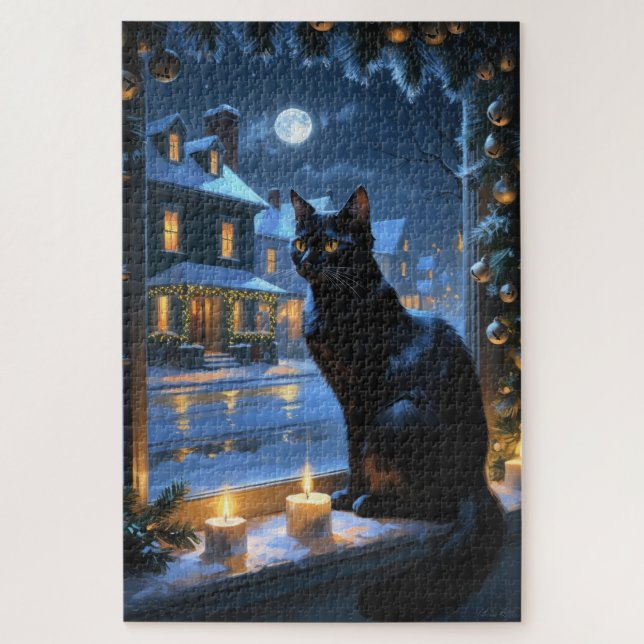 Schwarze Katze mit Weihnachtslichtern Feiertag (Vertikal)