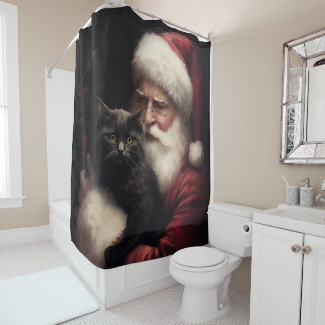 Schwarze Katze mit Weihnachtsmann Weihnachten Duschvorhang (Beispiel)
