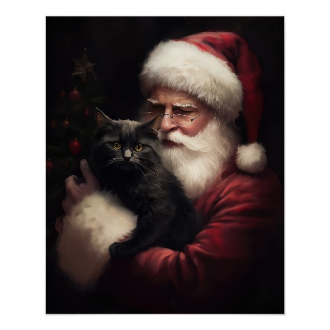 Schwarze Katze mit Weihnachtsmann Weihnachten Poster (Vorderseite)