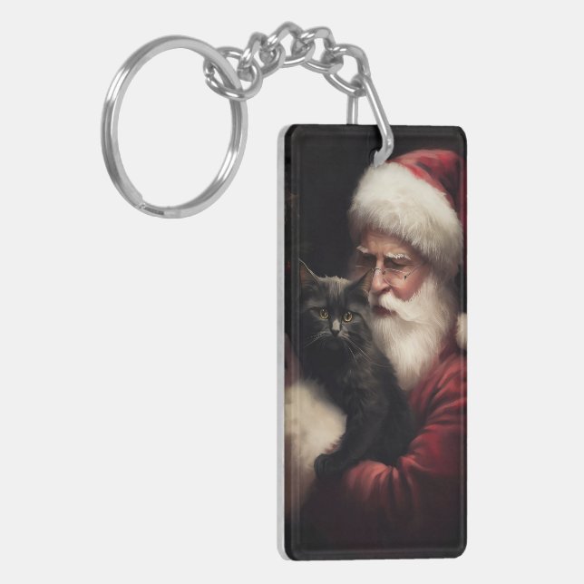 Schwarze Katze mit Weihnachtsmann Weihnachten Schlüsselanhänger (Vorderseite links)