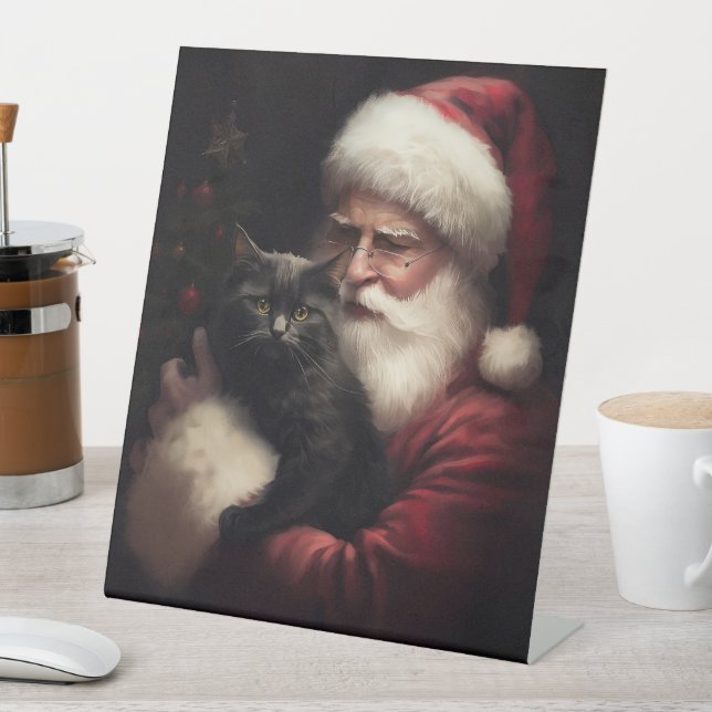Schwarze Katze mit Weihnachtsmann Weihnachten Sockelschild (In Situ)