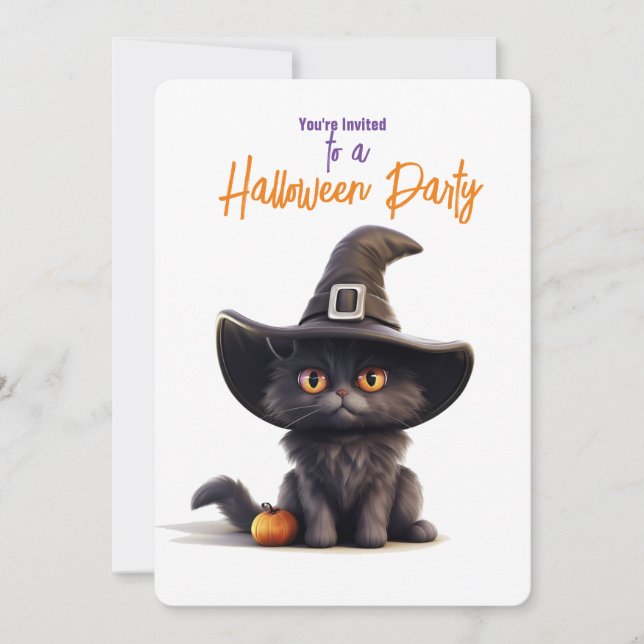 SCHWARZE KATZE MIT WITCHES HAT-Halloween-Party Einladung (Vorderseite)