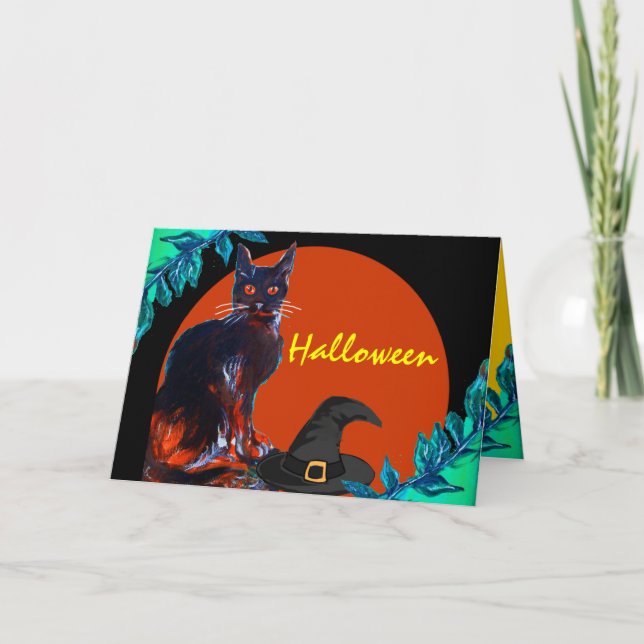SCHWARZE KATZE MIT WITCHES HAT-HALLOWEEN-PARTY KARTE (Vorderseite)