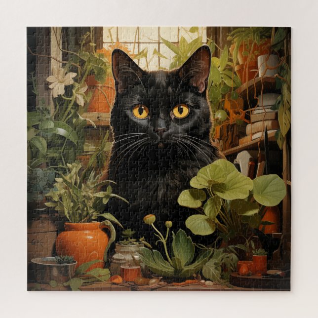 Schwarze Katze mit Zimmerpflanzen (Vertikal)