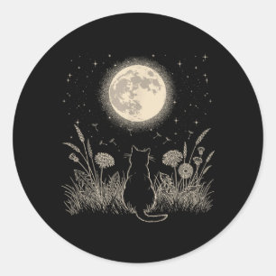 Schwarze Katze Mond Blumen Ästhetik Männer Frauen Runder Aufkleber