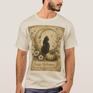 Schwarze Katze Mond Halloween T-Shirt