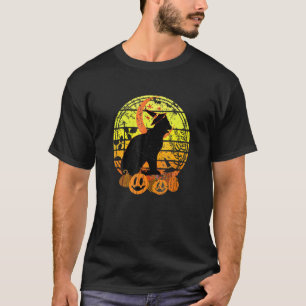 Schwarze Katze Mond Kürbis Hexenhut Halloween Grus T-Shirt