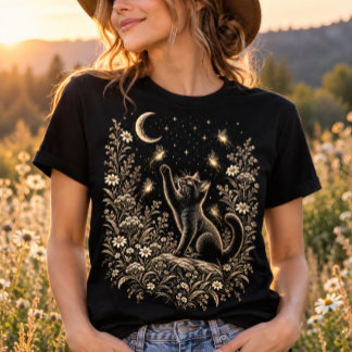 Schwarze Katze Mondlicht Glühwürmchen Garten T-Shirt