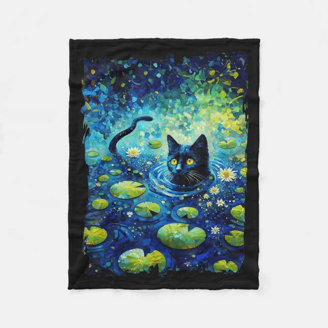 Schwarze Katze Monets Katze Seerose Fleecedecke (Vorderseite)