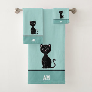 Schwarze Katze & Monogramm auf Hellblau Badhandtuch Set