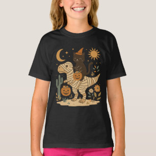 Schwarze Katze & Mumien-T-Rex Halloween-Fahrt T-Shirt