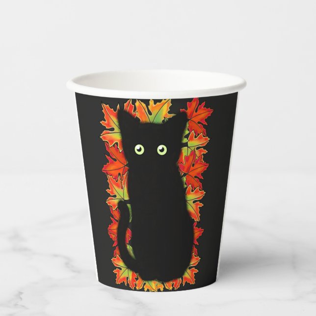 Schwarze Katze, Muster der Herbstblätter, Hallowee Pappbecher (Vorderseite)