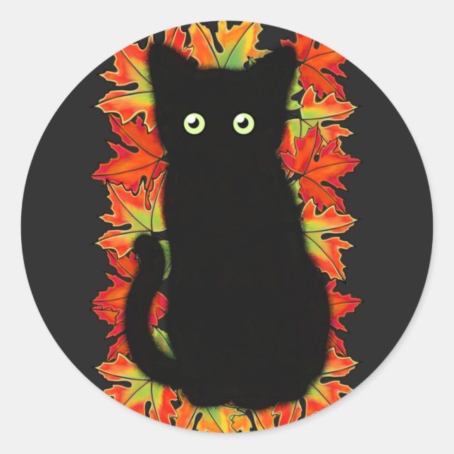 Schwarze Katze, Muster der Herbstblätter, Hallowee Runder Aufkleber (Vorderseite)