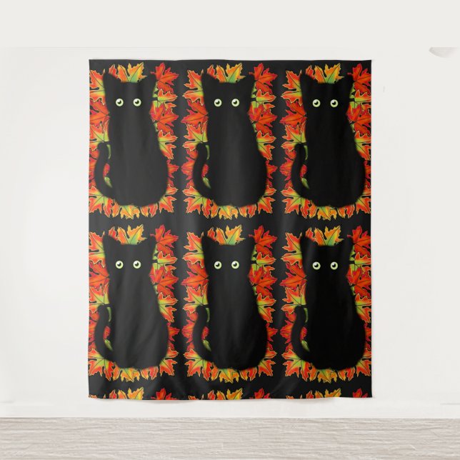Schwarze Katze, Muster der Herbstblätter, Hallowee Wandteppich (Vorderseite)