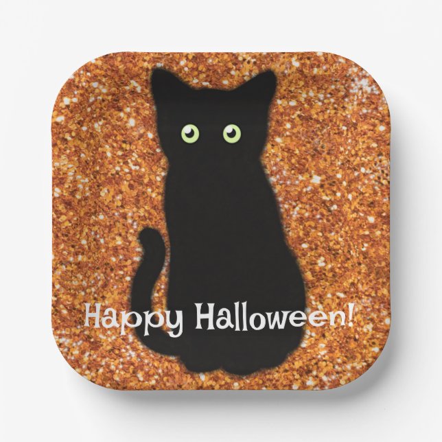 Schwarze Katze, niedliches Kätzchen, glitzernder o Pappteller (Vorderseite)