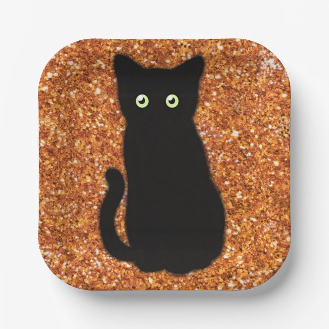 Schwarze Katze, niedliches Kätzchen, glitzernder o Pappteller (Vorderseite)