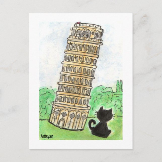Schwarze Katze Noir Chat Schiefer Turm von Pisa Postkarte (Vorderseite)
