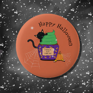 Schwarze Katze Orange Halloween-Taste Button